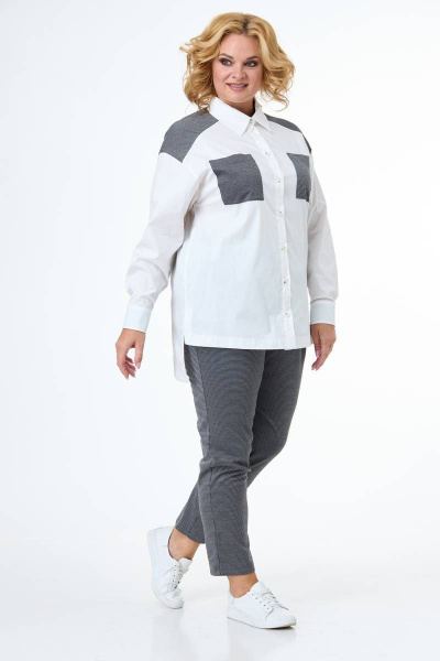 Блуза белая в сочетании тканей с нагрудными карманами Anelli 1105 - фото 5