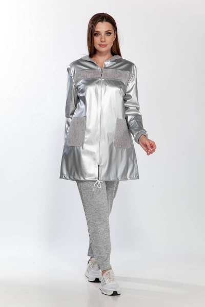 Брюки и куртка из экокожи и трикотажа демисезонный комплект Belinga 2185 серебро/серый - фото 4