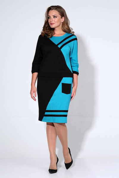 Трикотажное платье с контрастными деталями длиной 107 см Liona Style 806 бирюза - фото 2