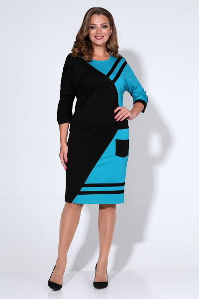 Трикотажное платье с контрастными деталями длиной 107 см Liona Style 806 бирюза - фото 1