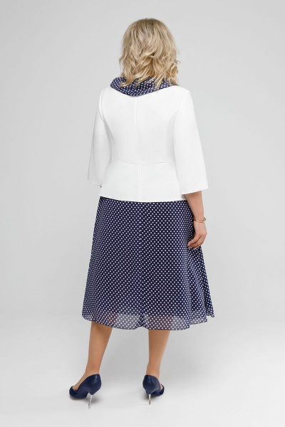 Платье-полусфэра из тканей и шифона с съемным шарфом Pretty 2036 молочный+темно-синий+горох - фото 3