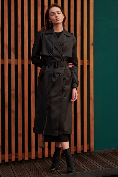 Черный демисезонный тренч с погонами и поясом из хлопка JKY GA-003 черный - фото 7