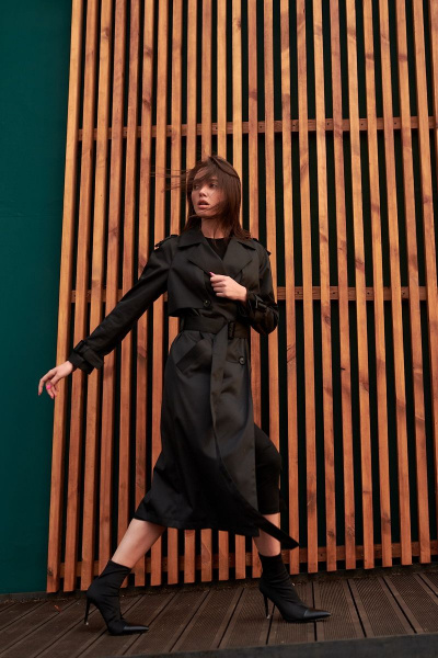 Черный демисезонный тренч с погонами и поясом из хлопка JKY GA-003 черный - фото 6