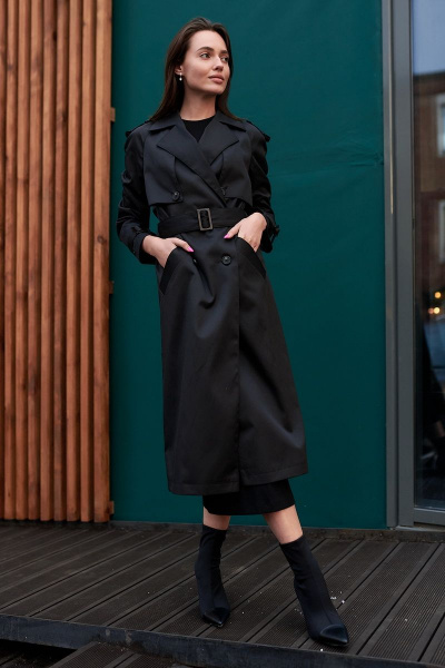 Черный демисезонный тренч с погонами и поясом из хлопка JKY GA-003 черный - фото 5