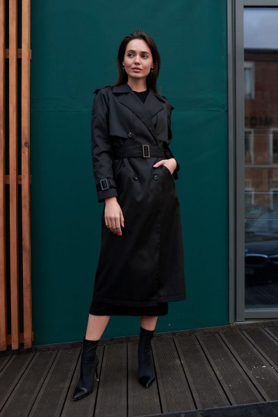 Черный демисезонный тренч с погонами и поясом из хлопка JKY GA-003 черный - фото 3