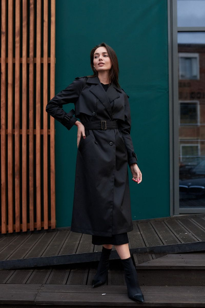 Черный демисезонный тренч с погонами и поясом из хлопка JKY GA-003 черный - фото 2