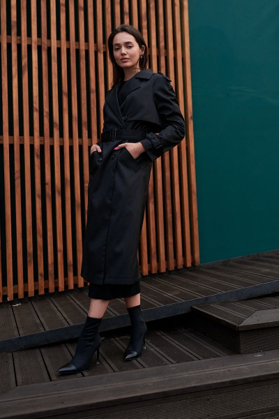Черный демисезонный тренч с погонами и поясом из хлопка JKY GA-003 черный - фото 1