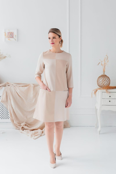 Платье трапеция из вискозы, трикотажа и экокожи ASV 2394 бежевый - фото 2