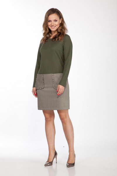 Платье из текстиля с накладными карманами и оборками Lady Style Classic 1529 хаки - фото 1