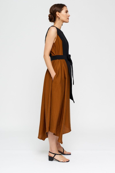 Платье коричневое и черное летнее А-силуэта с асимметричным низом BURVIN 7856-81 - фото 7