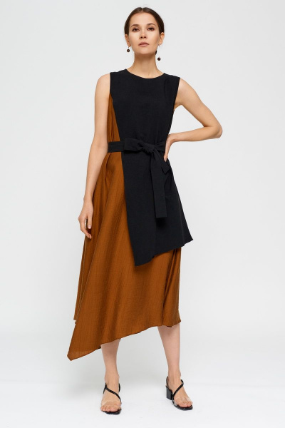 Платье коричневое и черное летнее А-силуэта с асимметричным низом BURVIN 7856-81 - фото 6