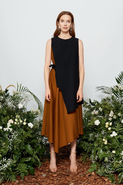 Платье коричневое и черное летнее А-силуэта с асимметричным низом BURVIN 7856-81 - фото 3