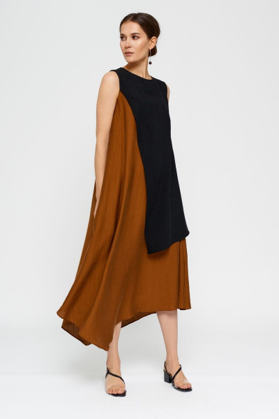 Платье коричневое и черное летнее А-силуэта с асимметричным низом BURVIN 7856-81 - фото 2