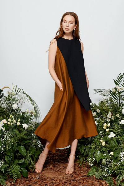 Платье коричневое и черное летнее А-силуэта с асимметричным низом BURVIN 7856-81 - фото 1