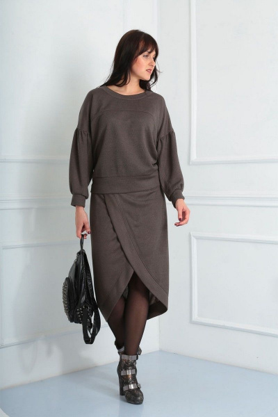 Юбка из эко-кожи с карманами и трикотажная кофта с принтом VIA-Mod 488 коричневый - фото 1