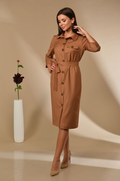 Бежевое платье-рубашка с поясом из текстиля Sharm-Art 1037/21 - фото 2