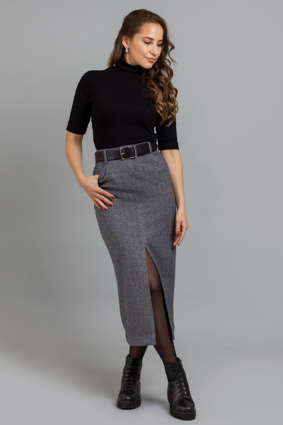 Теплая юбка-годе с рисунком «ёлочка» на ремне Mirolia 971 серый - фото 1