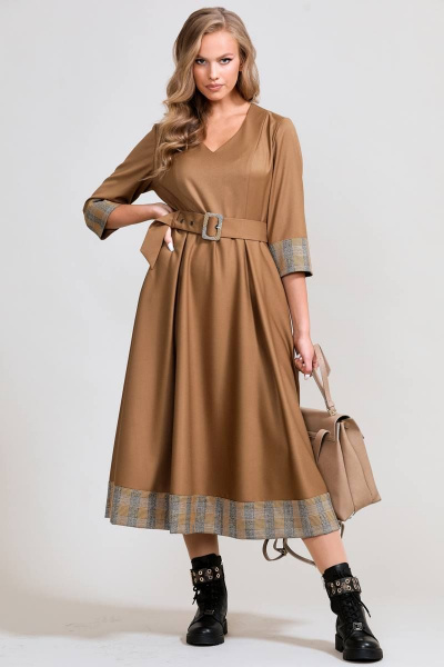 Платье демисезонное с талиевыми вытачками и карманами Teffi Style L-1585 золотой - фото 1