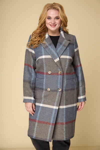 Пальто двубортное прямого силуэта на каждый день БелЭльСтиль 855-1 26 22  клетка+синий - фото 1