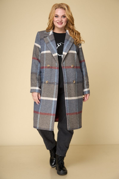 Пальто двубортное прямого силуэта на каждый день БелЭльСтиль 855-1 26 22  клетка+синий - фото 4