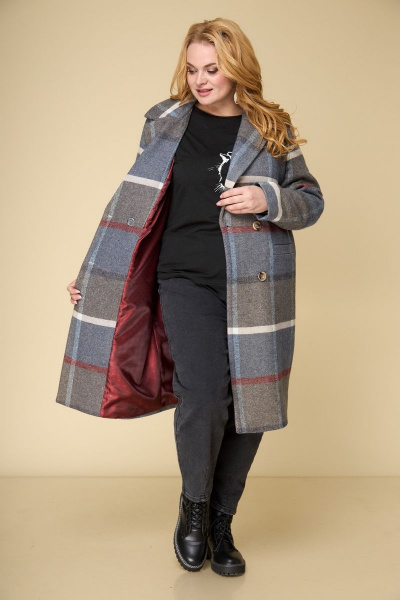 Пальто двубортное прямого силуэта на каждый день БелЭльСтиль 855-1 26 22  клетка+синий - фото 3