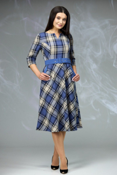 Платье отрезное по линии талии с карманами и поясом Angelina & Сompany 614/2 синяя_клетка - фото 4