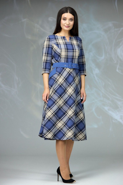 Платье отрезное по линии талии с карманами и поясом Angelina & Сompany 614/2 синяя_клетка - фото 3