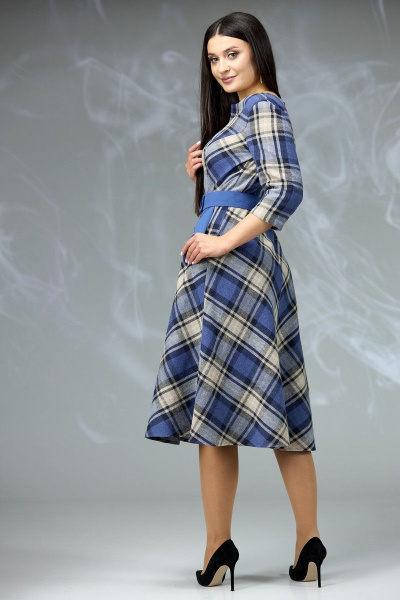 Платье отрезное по линии талии с карманами и поясом Angelina & Сompany 614/2 синяя_клетка - фото 5
