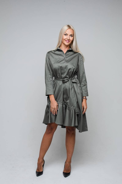 Платье рубашечного кроя из хлопка с асимметричным низом Avila 0865 хаки - фото 1