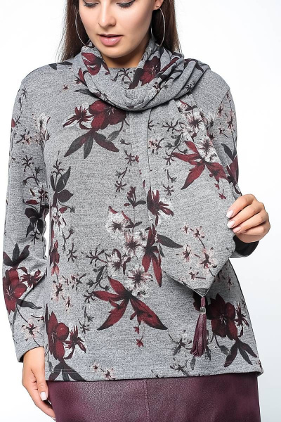 Демисезонный трикотажный джемпер трапециевидного силуэта с шарфом La rouge 3178 серый-(цветы) - фото 6
