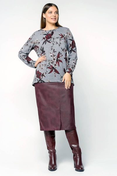 Демисезонный трикотажный джемпер трапециевидного силуэта с шарфом La rouge 3178 серый-(цветы) - фото 3