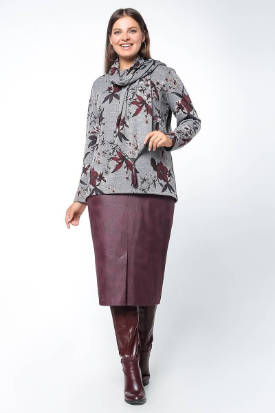 Демисезонный трикотажный джемпер трапециевидного силуэта с шарфом La rouge 3178 серый-(цветы) - фото 2