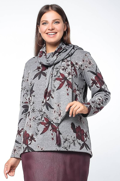 Демисезонный трикотажный джемпер трапециевидного силуэта с шарфом La rouge 3178 серый-(цветы) - фото 1