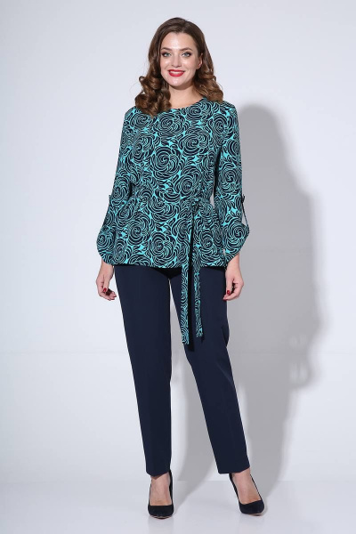 Комплект блуза и брюки с разрезами и съемным поясом Liona Style 811 бирюза/синий - фото 2