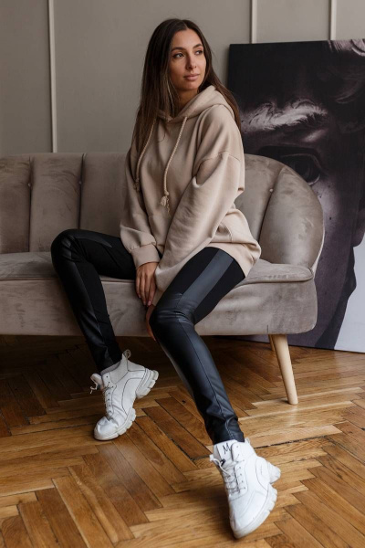 Леггинсы из трикотажа с кожзамом и лампасами Madech 19144 черный,матовый-черный - фото 1