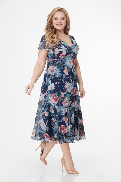 Платье и жакет из текстиля и шифона для повседневной носки Slaviaelit 166-2 синий_фон-цветы - фото 2