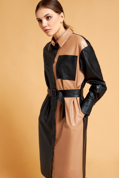 Платье из эко-кожи в стиле оверсайз с воротником рубашка DAVYDOV 6005 - фото 2