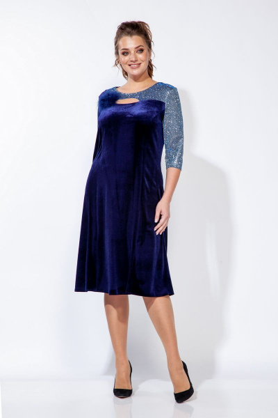 Нарядное платье из велюра с кокеткой и контрастным рукавом Belinga 1159 синий - фото 2