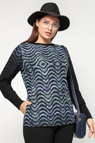 Демисезонный прямой джемпер из вискозы и трикотажа с карманами La rouge 3195 черный-набивной - фото 1