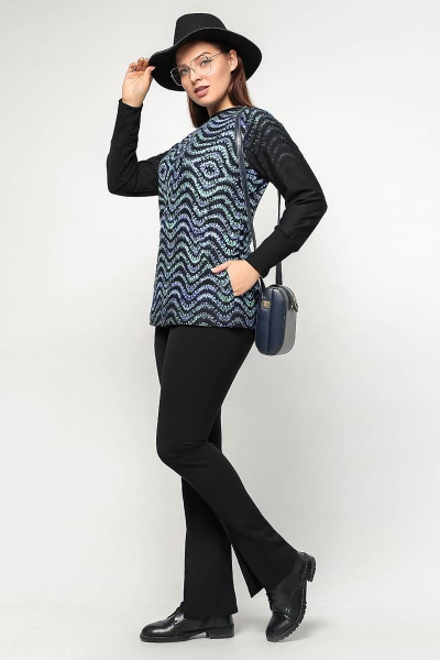 Демисезонный прямой джемпер из вискозы и трикотажа с карманами La rouge 3195 черный-набивной - фото 3