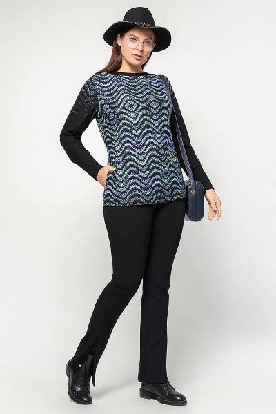 Демисезонный прямой джемпер из вискозы и трикотажа с карманами La rouge 3195 черный-набивной - фото 2