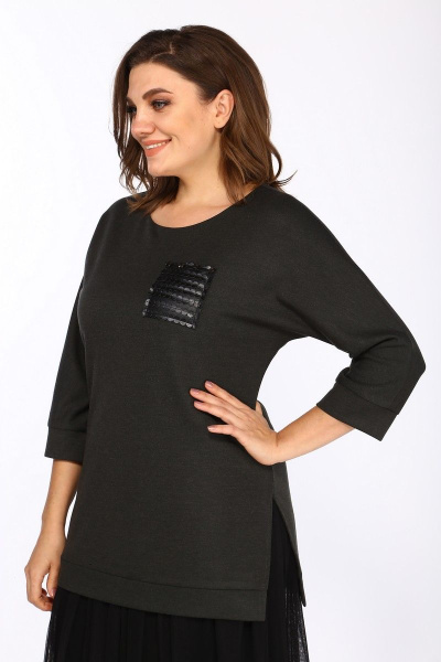 Платье прямое из трикотажа и шифона с боковыми разрезами Lady Style Classic 1457/2 хаки_черный - фото 3