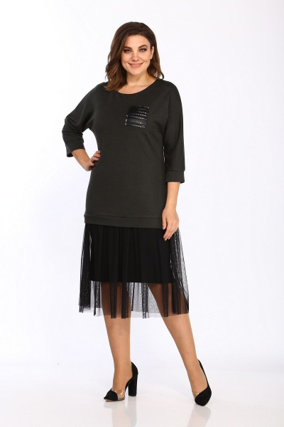 Платье прямое из трикотажа и шифона с боковыми разрезами Lady Style Classic 1457/2 хаки_черный - фото 1