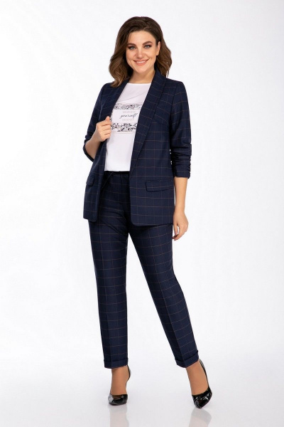 Блуза, брюки, жакет Ольга Стиль С-614 синий_клетка - фото 1