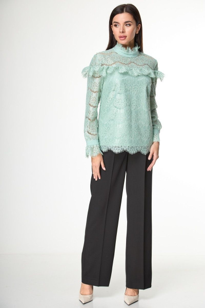Блуза зеленая кружевная с кокетками и рукавами с манжетами Anelli 933 фисташка - фото 2