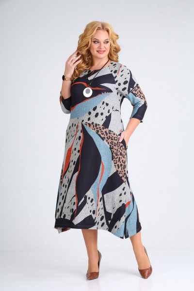 Платье с ярким принтом из трикотажа для любой фигуры Grace for you 192 голубой_принт - фото 1