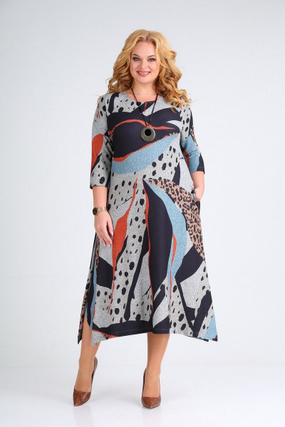 Платье с ярким принтом из трикотажа для любой фигуры Grace for you 192 голубой_принт - фото 2