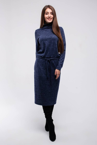 Платье миди из трикотажа с воротником и поясом Madech 205363 темно-синий - фото 2