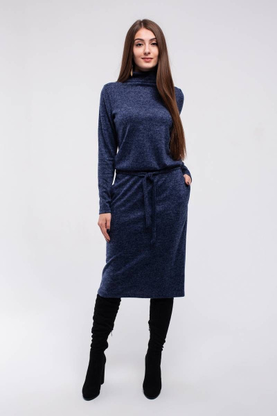 Платье миди из трикотажа с воротником и поясом Madech 205363 темно-синий - фото 1