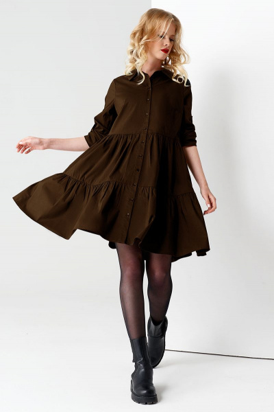 Платье с кокетками и сборками из хлопковой ткани Панда 67687z коричневый - фото 1